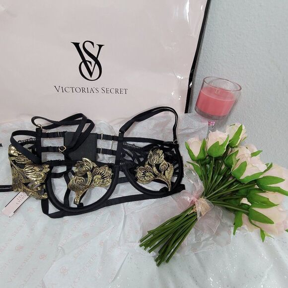 1423 VICTORIA'S SECRET BLACK GOLD Strappy Embroidered Open Cup Balconett… - Picture 1 of 11